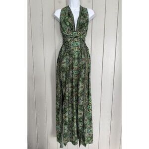 Earthbound Trading Co. Maxi Dress L Large Halter Cross Back Green Gold Floral